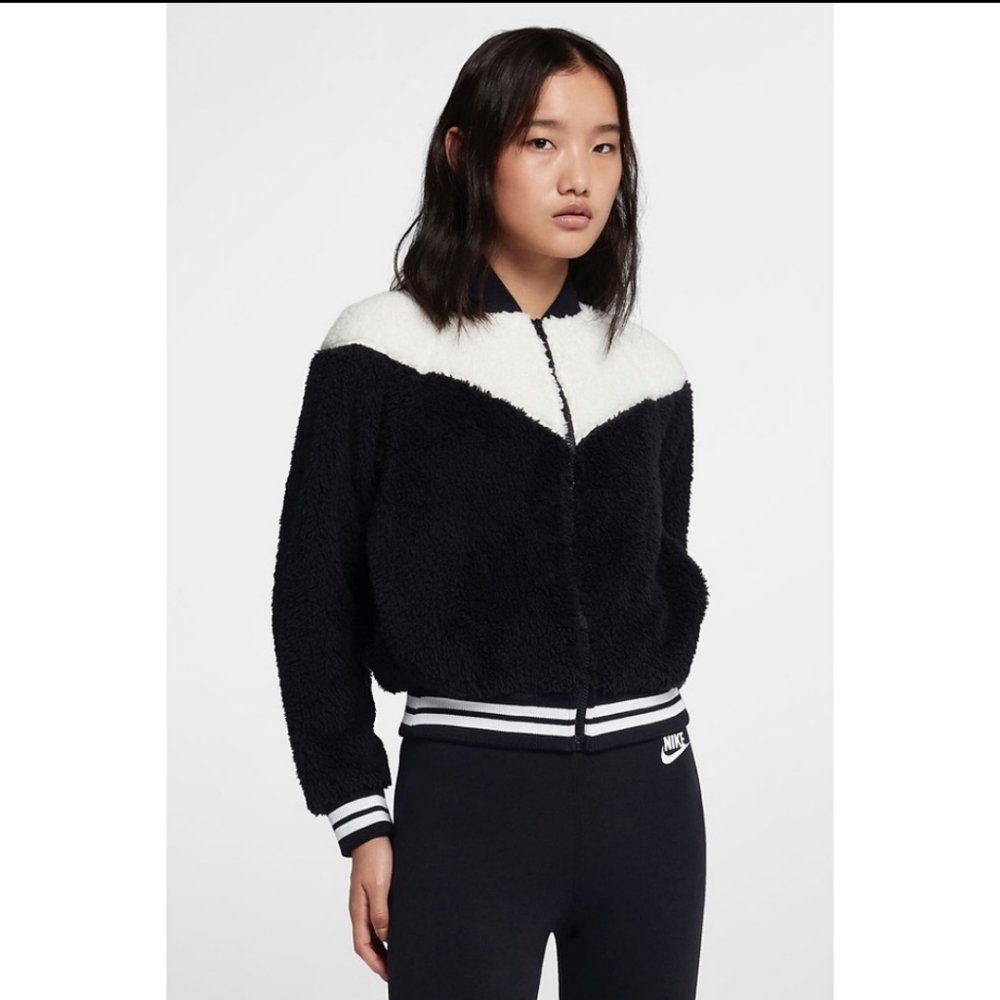 NIKE sherpa bomber black white yin yang fuzzy teddy color block- S